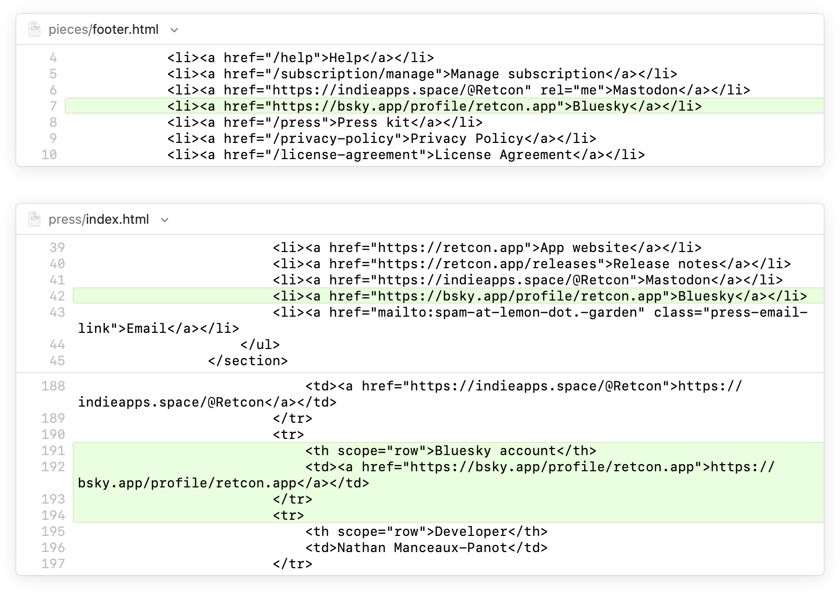 Screenshot from Retcon, the macOS Git client, showing the diff view. Two HTML files are displayed. The first one with a single hunk, with a single change; the second file has two hunks, which have disjoint line numbers.