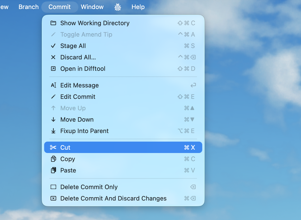 A screenshot of a macOS menu. It’s the Commit menu. Among its various items, there’s a group of three: Cut, Copy, and Paste. Their shortcuts are the usual ⌘X, ⌘C and ⌘V.