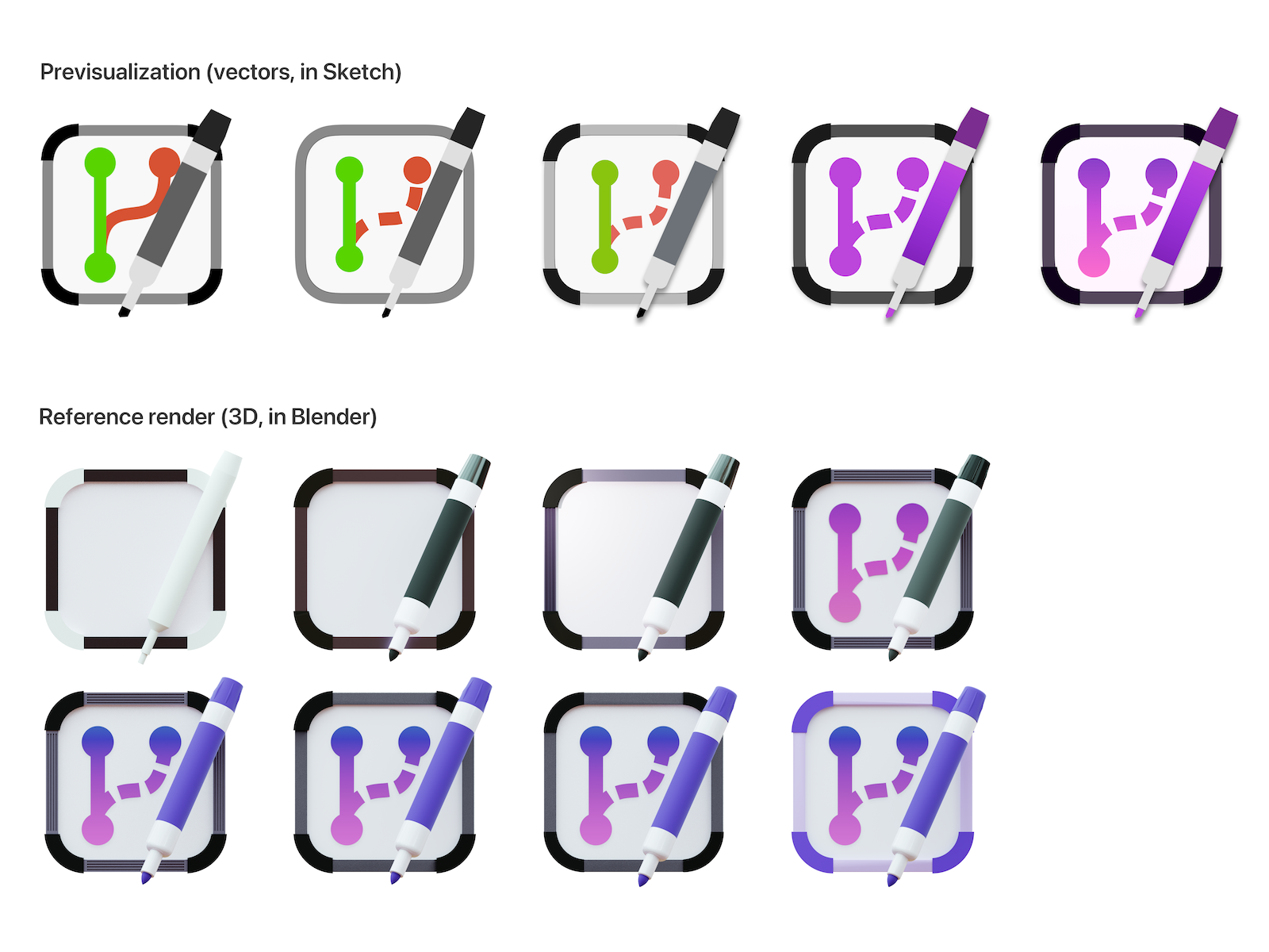 A bunch of unfinished drawings and 3D renders of the Retcon icon.