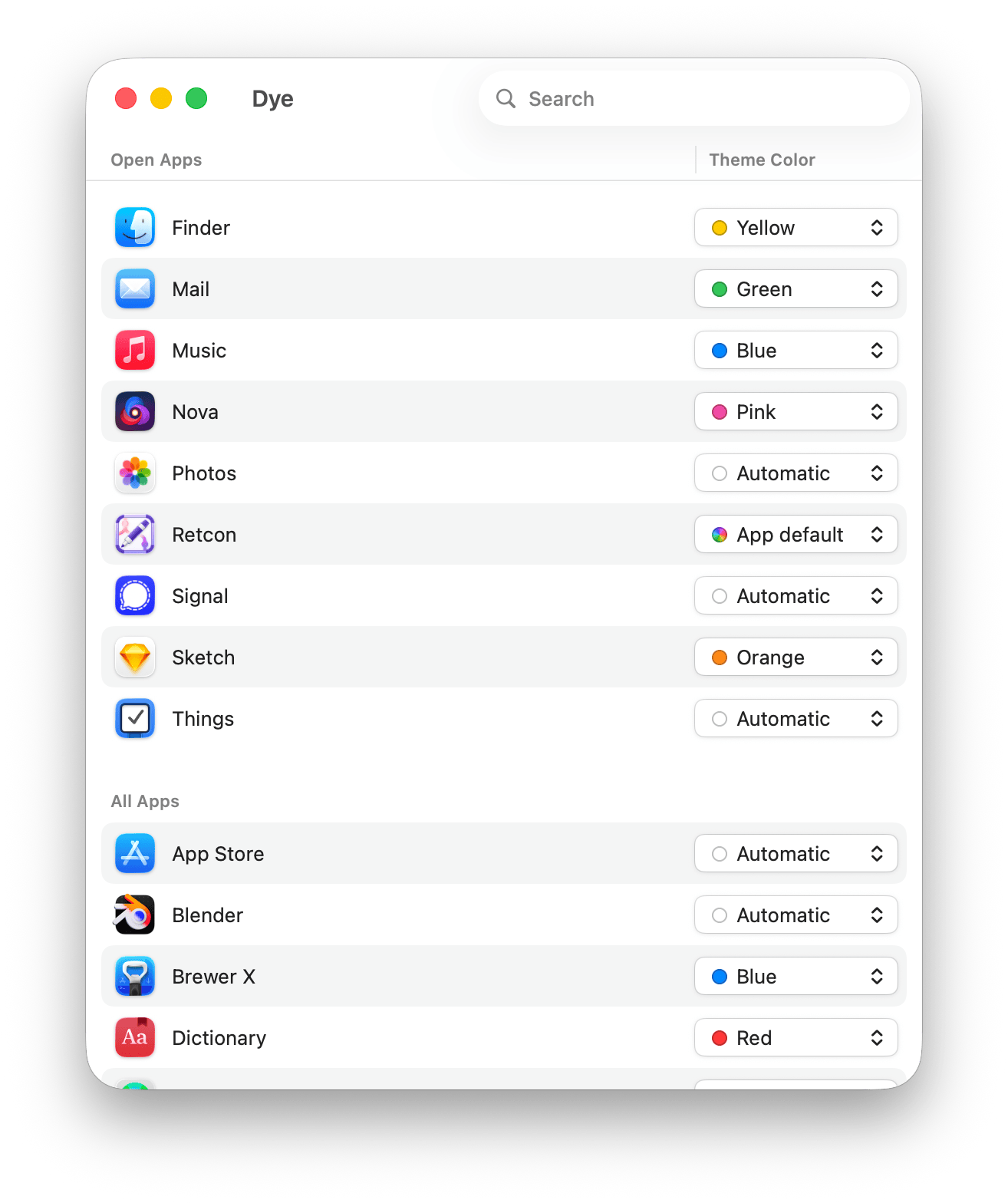 Screenshot of macOS app Dye. The window is mostly just a list, each row representing an app—Finder, Mail, Music, etc—and offering a theme color picker. The various rows are set to explicit colors—yellow, green, etc—or sometimes to special values, Automatic or App default. The toolbar contains a search field in its toolbar, and the apps are split into two sections: Open Apps, and All Apps.
