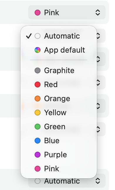 A pop-up menu. It lists colors—from Graphite to Pink—preceded by two special entries, Automatic and App default. Each item prefixes its title with a circle of the represented color.